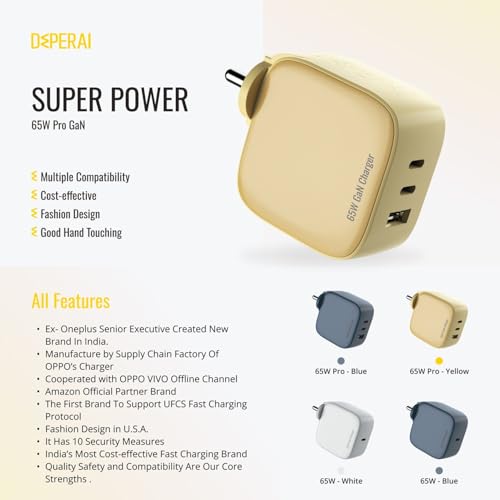 Image of DeperAI 65W 3-in-1 Fast Charger Adapter[MFi-Certified], Compatible with iPhone, Samsung, Realme, Redmi, Android, Oppo, Vivo, and Others, Wall Adapter GaN III PD3.0, Supports UFCS, Wrap (Blue).