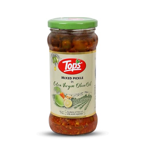 Image of TOPS Olive Oil Mixed Pickle -370 gm Glass Jar | Perfect blend of nine select seasonal vegetables in extra virgin olive oil and aromatic spices