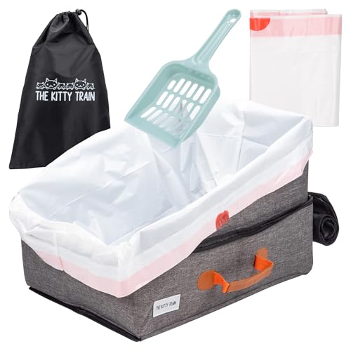 Travel Litter Box for Cats (17.7 x 13.8 x 11.8) Includes Liners Litter Scoop Pee Shield - Portable Cat Litterbox for Car Hotel Airports | Waterproof Compact Foldable Leak-proof Easy to Clean
