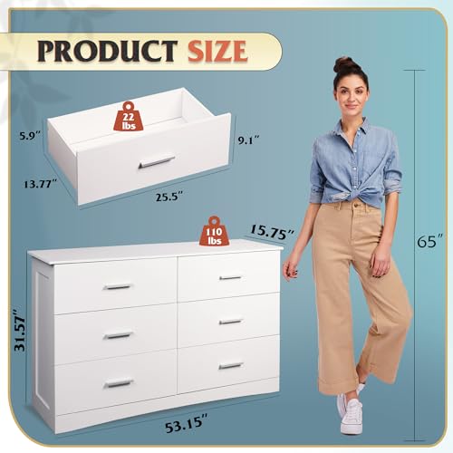 WLIVE White Dresser with 6 Drawers, Wide Wood Chest of Drawers for Bedroom, Large White Storage Tower Unit, Modern Minimalist Closet Store Organizer for Living Room, Hallway