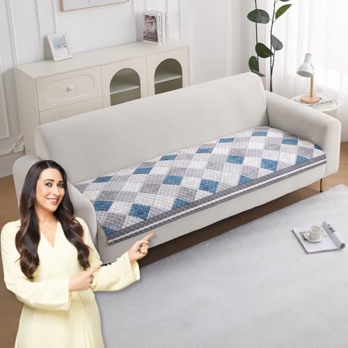 HOKIPO 'LiefNest' Printed Holland Velvet Sofa Mat for 3 Seater with Foam Filling for Extra Comfort, Diamond Slate Grey Blue (IN-824-D2*1)