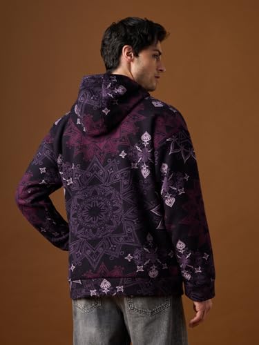 Image of The Souled Store Oversized Jacket: Mandala Men and Boys Full Sleeves Hooded Neck Dark Purple Embroidered Ethnic Print Polar Fleece Oversized Fit Lightweight Casual Jacket