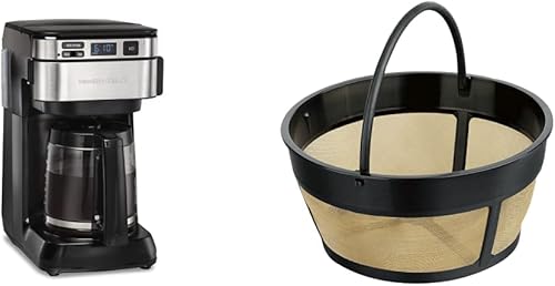 Hamilton Beach Cafetera programable, 12 tazas, acceso frontal fácil de llenar, negro (46310) y filtro permanente Hamilton Beach en tono dorado, se