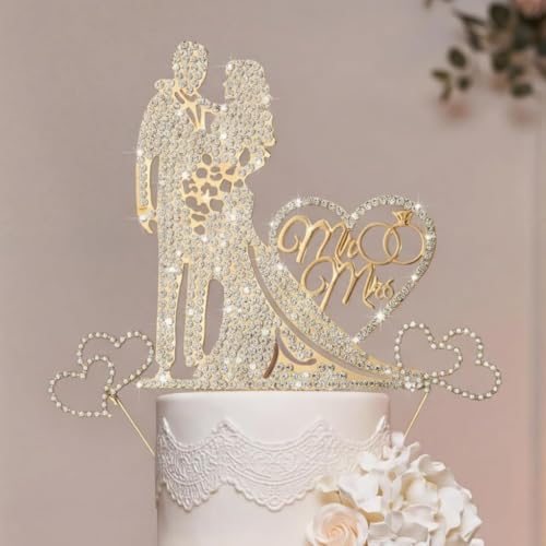 Mr and Mrs Wedding Cake Topper Rhinestone Gold Metal Heart 3 Pack