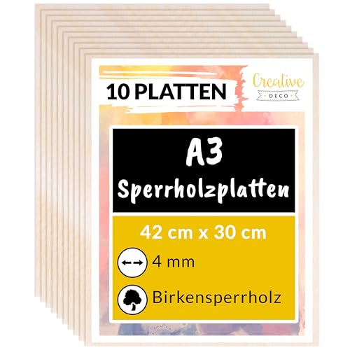 Creative Deco 10 x A3 Sperrholzplatte 4mm Birkensperrholz | 420 x 300 (+/- 2) mm | Dünne Holz-Zuschnitte | Perfektes Blatt für Laubsäge Brandmalerei Laserschnitt CNC Router Durchbrochenes