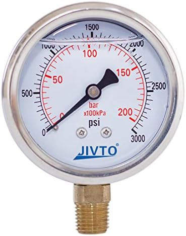 Pressure Gauge,Liquid Filled,2 1/2" face dia,0-3000 psi/bar/kpa,1/4" NPT Lower Mount, Polycarbonate Lens Window, Stainless Steel case