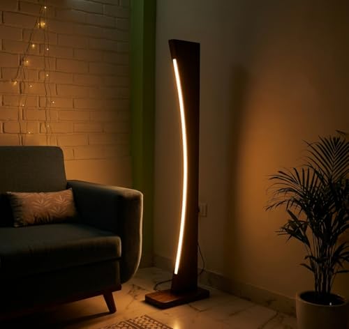 Image of ESITRAQ Wooden LED Floor Lamp, Walnut Finish, Slim Design, Energy Saving, 4 Feet 6 Inches Height