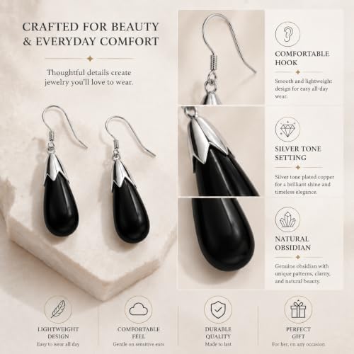 Natural Obsidian Earrings for Women Crystal Dangle Drop Birthstone Jewelry - 4
