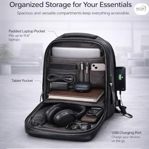 Image of Niloni Laptop Backpack 30L - Waterproof Anti-Theft with USB Charging Port | Fits 15.6 inch Laptops | Travel Office College Bag