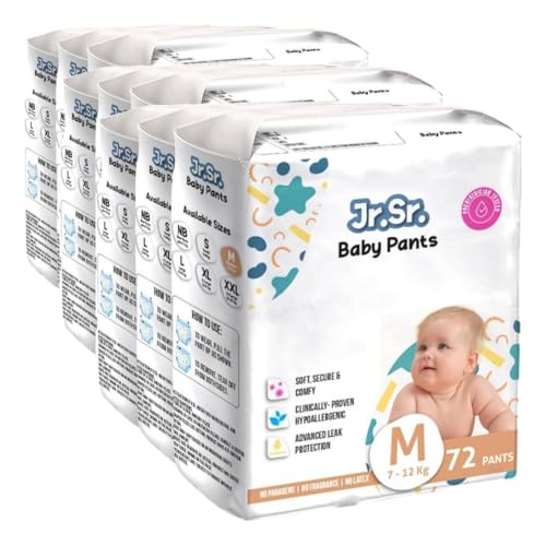 Image of Jr. Sr. Baby Diaper Pants | Medium (M) Size (7-12 kg), 216 Count | Pack of 9 | Upto 12 hr Absorption with Advanced Leak Protection | Safe For Babies Skin | Soft, Secure & Comfy