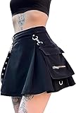 Ruolai Goth Black Pleated Mini Skirt with Chain High Waisted Tennis Skirt Black M