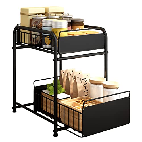 Nizer Armoire à 2 étages avec tiroir de rangement coulissant pour cuisine et salle de bain Tiroir métallique avec grande capacité de charge Noir Petit étagère à épices