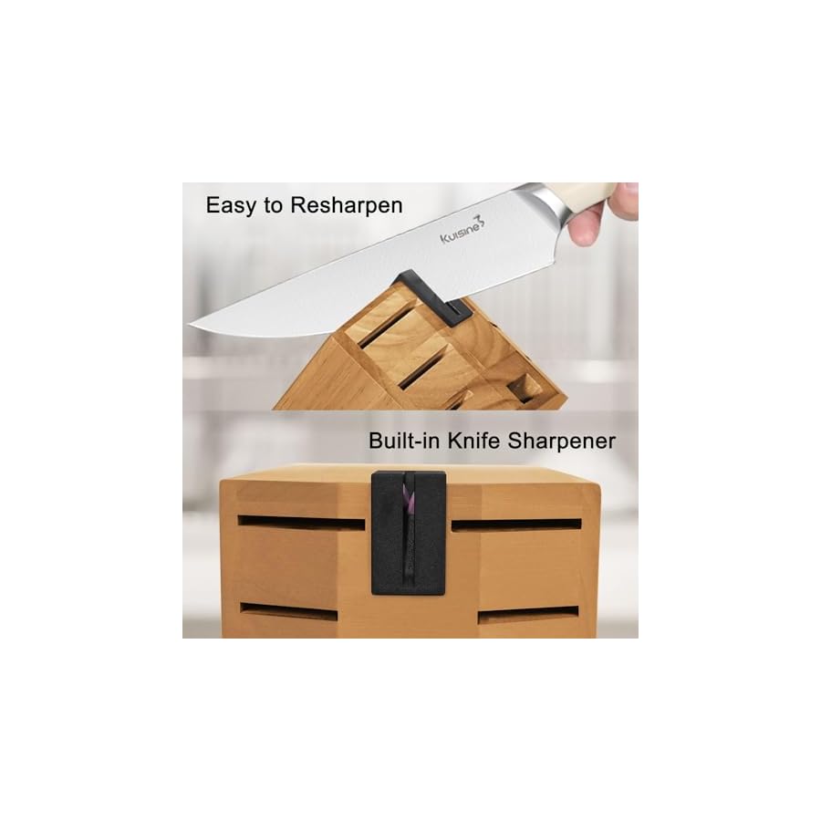 Kuisine Kitchen Knife Set,High Carbon Stainless Steel Ultra Sharp Blade Ergonomic Handle,Knife Block Set with Built-in Sharpener,Elegant Gift for Holiday(Irovy-Acacia,15PCS)