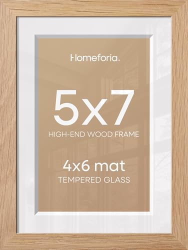 Image of Homeforia 5x7 Natural Oak Picture Frame, High-End Wood, 4x6 Mat, Glass | High End Solid Oak Wood, Tempered Glass, Acid-Free 4x6 Removable Mat, 5x7 Edge-to-Edge Display 7x5, Wall Kit, Set Of 1