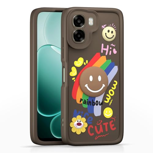Image of Pikkme Back Cover for Oppo A6X 5G | Soft Silicone| Cute Rainbow Smile & 3D Cartoon Flower Design | Shockproof Raised Camera Protection Bumper Case (Brown)