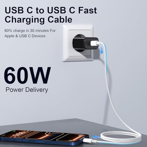 6FT USB C to USB C Charging Cord for iPhone 17 16 15, [MFi Certified] 60W USB-C to C Fast Charge Cable, 3 Pack 6 Foot USB Type C Charger for iPhone 17 16 15 Pro Max Plus, iPad, Macbook, Galaxy S25 S24