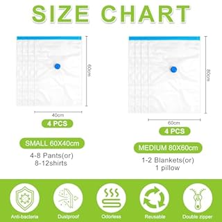 Sacchetti Sottovuoto Vestiti Buste Sottovuoto Vestiti 8 Pezzi 4*Grandi 80x60cm+4*Piccolo 60x40cm Sacchi Sottovuoto Riutilizzabili per Coperte Lenzuola Piumoni Cuscini