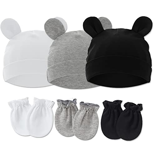 Image of Newborn Hat and Mitten Set 3-Pack Baby Soft Bear Ears Beanies Cap & No Scratch Mittens for 0-3 Months Boys Girls(White & Grey & Black)