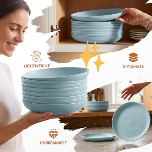 Image of Homienly Wheat Straw Deep Plates 9 Inch Unbreakable & Lightweight Plastic Dinner Plates Alternative for Dessert, Sandwich 8 PCS Microwave & Dishwasher Safe Reusable Plate for Camping, RV-Light Blue