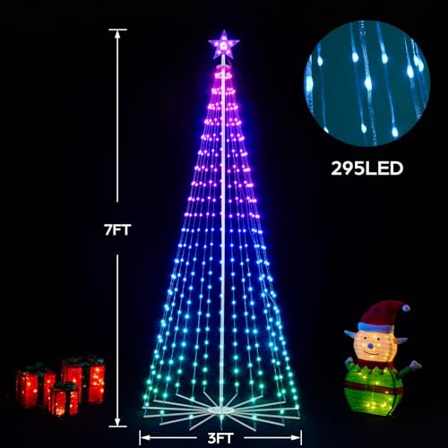 Image of FANCILLUMA 7 FT 295 LED Outdoor Smart Christmas Cone Tree Lights | RGB Color Changing, DIY Multicolor Lightshow, APP & Remote Control, Music Sync Timer Waterproof Outdoor Christmas Decorations