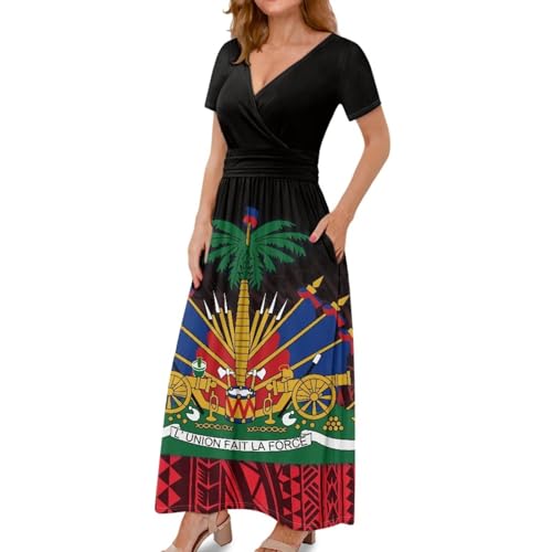 Image of Women's Fall Summer Short Sleeve Ankle Length V-Neck Party Dress with Pockets Size S-3XL