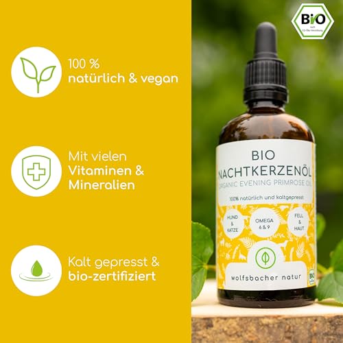 Bio Nachtkerzenöl für Hunde und Katzen, 100ml kaltgepresstes Fellöl 100% Bio aus Deutschland - reich an Omega 3 & 6, Barf Öl, DE-ÖKO-060