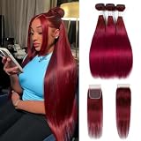 99j Burgundy Human Hair Bundles with Closure 14 16 18+14 Free Part 10A Wine Red Straights Human Hair Bundles With 4x4 HD Lace Closure Brazilian Remy Hair Weave 3 Bundle and Closure