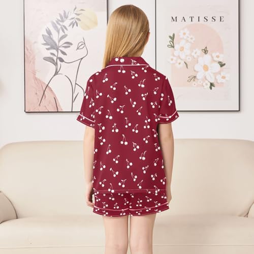 White Red Cherry Pattern Summer Satin Pajama Set, Cute Button-Down Sleepwear Pj Set for Sleep Wears4