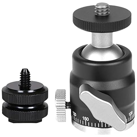 FOTOBETTER Mini Ball Head with Hot Shoe Mount Adapter and 1/4 Screw Thread, 360° Pan 90° Tilt Panoramic Camera Tripod Ball heads Mount for DSLR Camera/Tripod/Monopod/Dolly Slider/Camcorder/Light Stand Cover