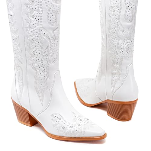 Image of ADAMUMU Womens Wide Calf Cowboy Boots Classic Western-Style Cowboys Boots for Women Pointed Toe Womens Cowgirl Boots with Chunky Heel Non-Slip Sole for Adding Timeless Elegance to Your Wardrobe