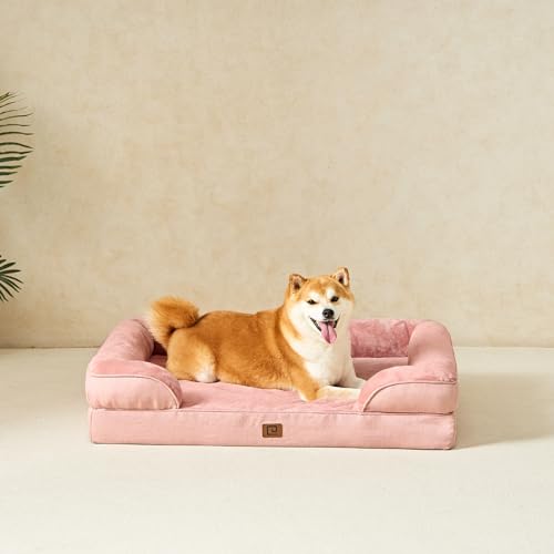 Image of EHEYCIGA Orthopedic Dog Beds for Large Dogs, Waterproof Memory Foam Large Dog Bed with Sides, Non-Slip Bottom and Egg-Crate Foam Pet Couch Bed with Washable Removable Cover, Dusty Pink