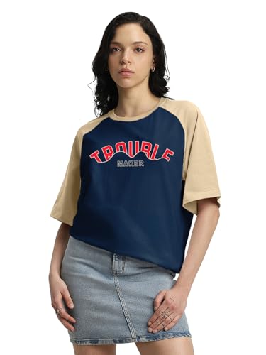 Image of JUNEBERRY 100% Pure Cotton Oversized Fit Drop Shoulder Graphic Printed Raglan Sleeves Boyfriend T-Shirt for Women (Sizes: S to 2XL)