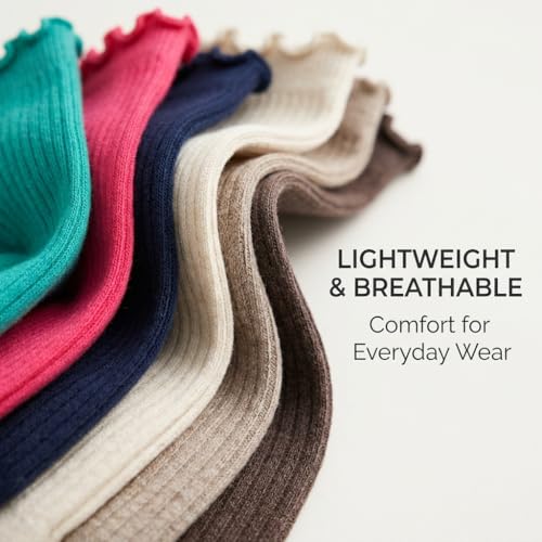 Image of Tipi Toe Women's 6 Pairs Quarter Crew Socks - Lightweight Solid Color Turn-Cuff Ruffle Lettuce Edge Dress Socks, Size 9-11