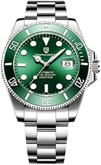 Pagani Design Men’s Watches Full Automatic Mechanical Wrist Watch for Men Stainless Steel Fashion Casual Business Dress Analogue Watch Man, Silver Green, bracelet