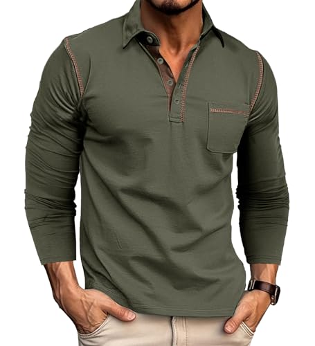 Image of Rodawu Mens Long Sleeve Polo Shirts Cotton Polo T-Shirts Golf Tops Grandad T Shirt Olive Green Polo Shirt Men XL