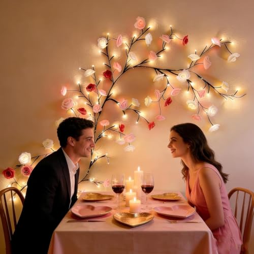 Image of Rose Flower LED Vine Wall Lights, 72 Warm LED Decorative Fairy Lights with Remote Control, USB & Battery Powered Hanging Lights for Room, Home, Festival & Romantic Decoration