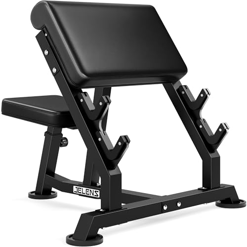 JELENS Preacher Curl Bench Bicep Strength Training Bench for Barbell and Dumbbell Seated Preacher Curl Machine for Arm Workout Adjustable Weight Bench with 2 Bar Holders (Black Classical Bench)