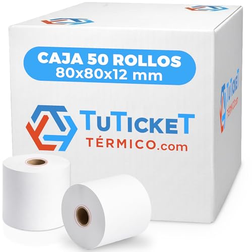 TuTickeT TÉRMICO.com   Rollo de Papel Térmico 80x80x12 mm (50 unidades) para Impresora Térmica de Ticket, Caja Registradora y demás TPV. Sin Bisphenol A. PEFC. Producto C.E.