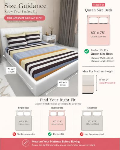 Image of Blue Strip Polycotton Fitted Bedsheet, Queen 60x78 (Grey Line) | 300 TC | All-Round Elastic Grip | Soft, Breathable & Colourfast | Wrinkle Resistant | Machine Washable