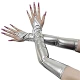 Xjdzineq Guantes largos flexibles de piel sintética brillante, varios colores para trajes de escenario y uso diario, accesorios de moda, guantes de cosplay, plata, Talla única
