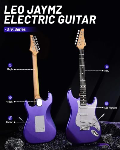 Image of Leo Jaymz Beginner Electric Guitar 39 inch Kit with Portable Amplifier, Padded Gig Bag, Digital Tuner，Capo，Strap，Picks，Classic SSS Pickups(Purple-SSS)