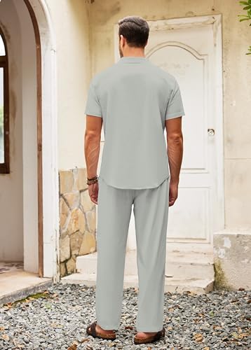 COOFANDY Men's 2 Pieces Cotton Linen Set Casual Short Sleeve Henley Shirts Beach Yoga Pants Summer Outfits - image 8