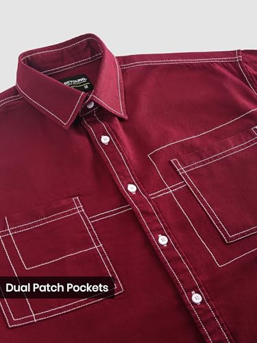 Image of Beyoung Cotton Contrast Stitch Relaxed Fit Shirt for Men | Dual Pockets | Full Sleeves | Casual Shirt