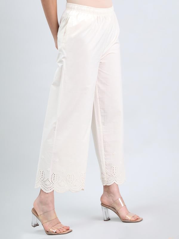 Image of GO COLORS Women's Cotton Hakoba Palazzo | Ankle Length, Schiffli Embroidery, Relaxed Fit, Mid-Rise with Side Pocket