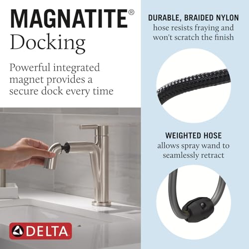 Delta Faucet Nicoli Pull-Down Single Hole Bathroom Faucet, Brushed Nickel Bathroom Sink Faucet, Bathroom Faucet with Pull Out Sprayer, Single Handle Bathroom Faucet, Stainless 15849LF-SSPD by DELTA - Used condition - Image 3