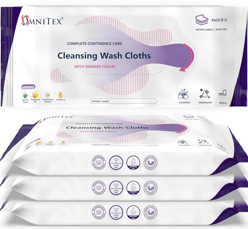 104x Omnitex Incontinence Cleansing Wash Cloths with Barrier Cream - Microwaveable | Rinse-Free All in One Continence Care Cleansing Wipes | Cleans Nourish Protect | Aloe Vera, Vitamins | 4x 26pk