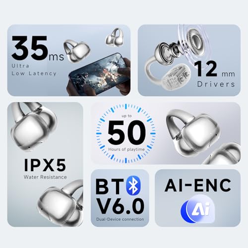 Image of King Lucky Open Ear Earbuds Clip-On Bluetooth 6.0 Wireless Headphones with Mic, 50H Playtime, ENC Clear Calls, IPX5 Waterproof, Comfortable for Small Ears Sports Gaming (Moonlight Silver, Standard)