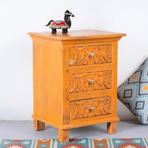 Image of Wooden Bedside Table for Bedroom | Solid Wood Astha Bedside Table with Drawers | Corner Side Table for Living Room | Traditional Handcrafted Furniture for Home Decor (Orange Distress)