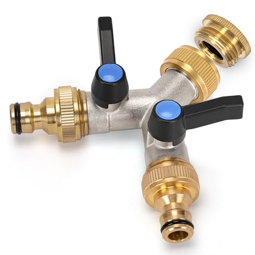 Wasserverteiler 2 Wege, Y Verteiler 3/4 Zoll, Messing Wasseranschluss verteiler, Verlängerter Griff Adapter mit 2 Stück 3/4 Zoll auf 1/2 Zoll Hahnanschluss für Haus, Hof/Waschmaschine