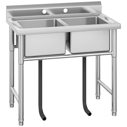 Image of Garvee Stainless Steel Utility 2 Sink with Backsplash, Free Standing Commercial Sink for Outdoor Kitchen, Laundry Room, Garage, Restaurant & Workshop, Easy to Clean, Anti-Splash & Rust Resistant